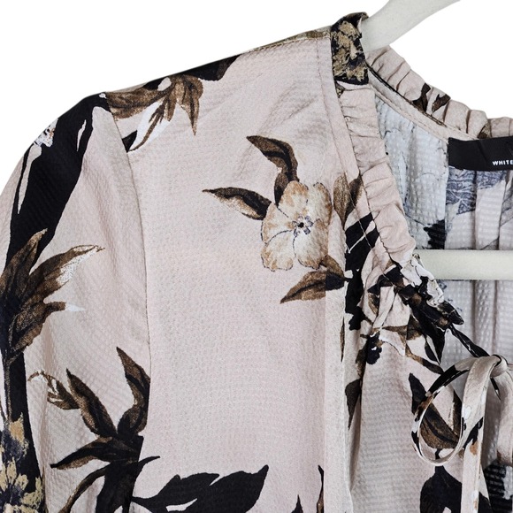 White‎ House Black Market Floral Tie Neck Long Sleeve Smocked Blouse Size S - Picture 2 of 10